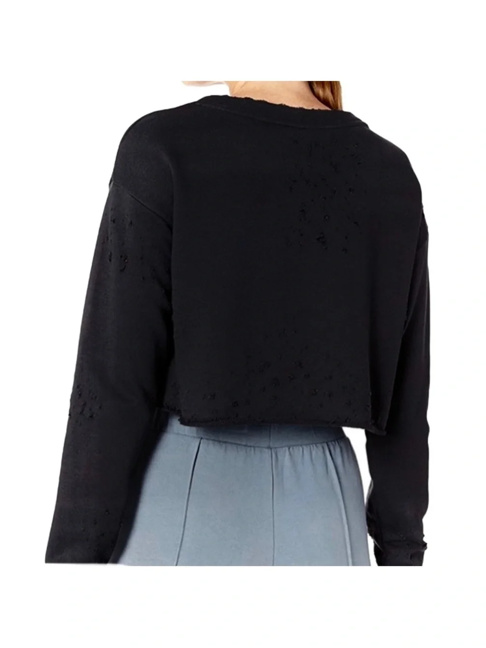 ALO Yoga Black Fierce Distressed Cropped Sweatshirt Size Medium EUC